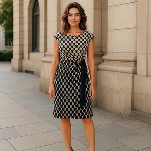 Connected Apparel Black and Cream Patterned Midi Dress